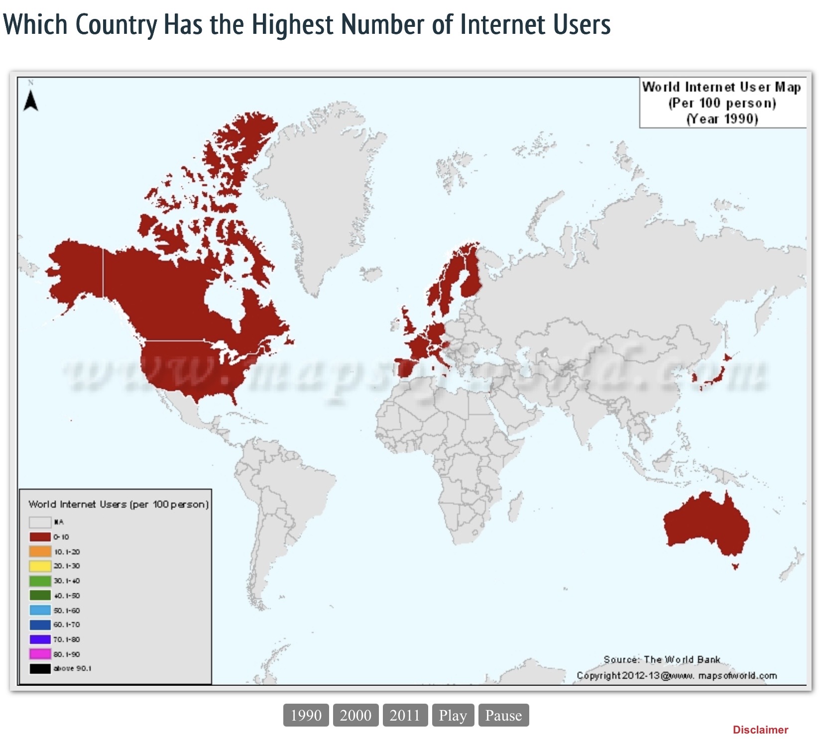 Map of 1990s internet and computer access across the United States